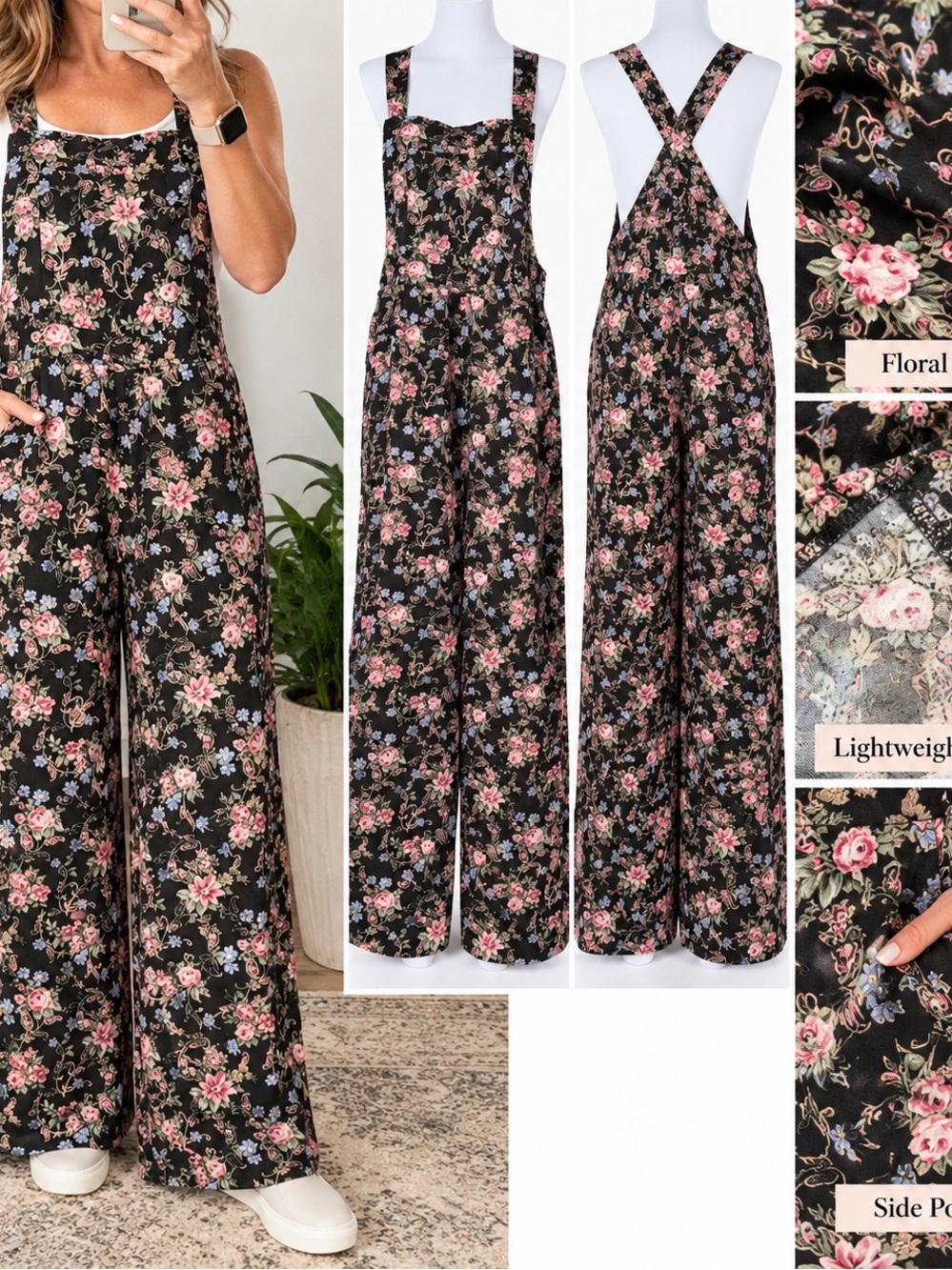 Floral Wide-Leg Jumpsuit Overalls in Black with Pink Flowers
